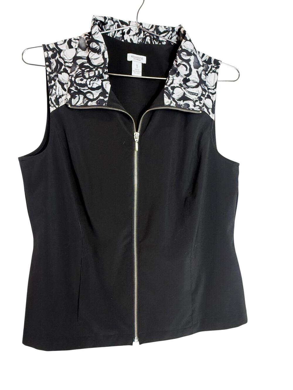 Weekends By Chicos Blouse Womens 1 Black Animal Print Collar Zip Top Sleeveless